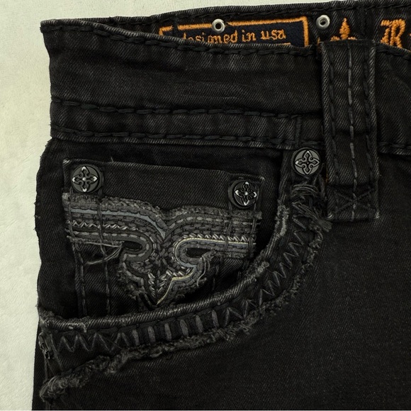 Rock Revival Mens Jean Shorts Size 32 Black Lorenzo Jorts Distressed Embroidery - Picture 10 of 14